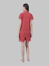 Red and White Floral Printed Women's Night Suit-Shorts set