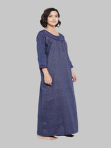 Blue Women's Floral Print Winter Nighty by Shararat