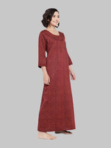 Maroon Women's Floral Print Winter Nighty