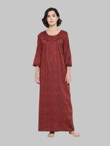 Maroon Women's Floral Print Winter Nighty