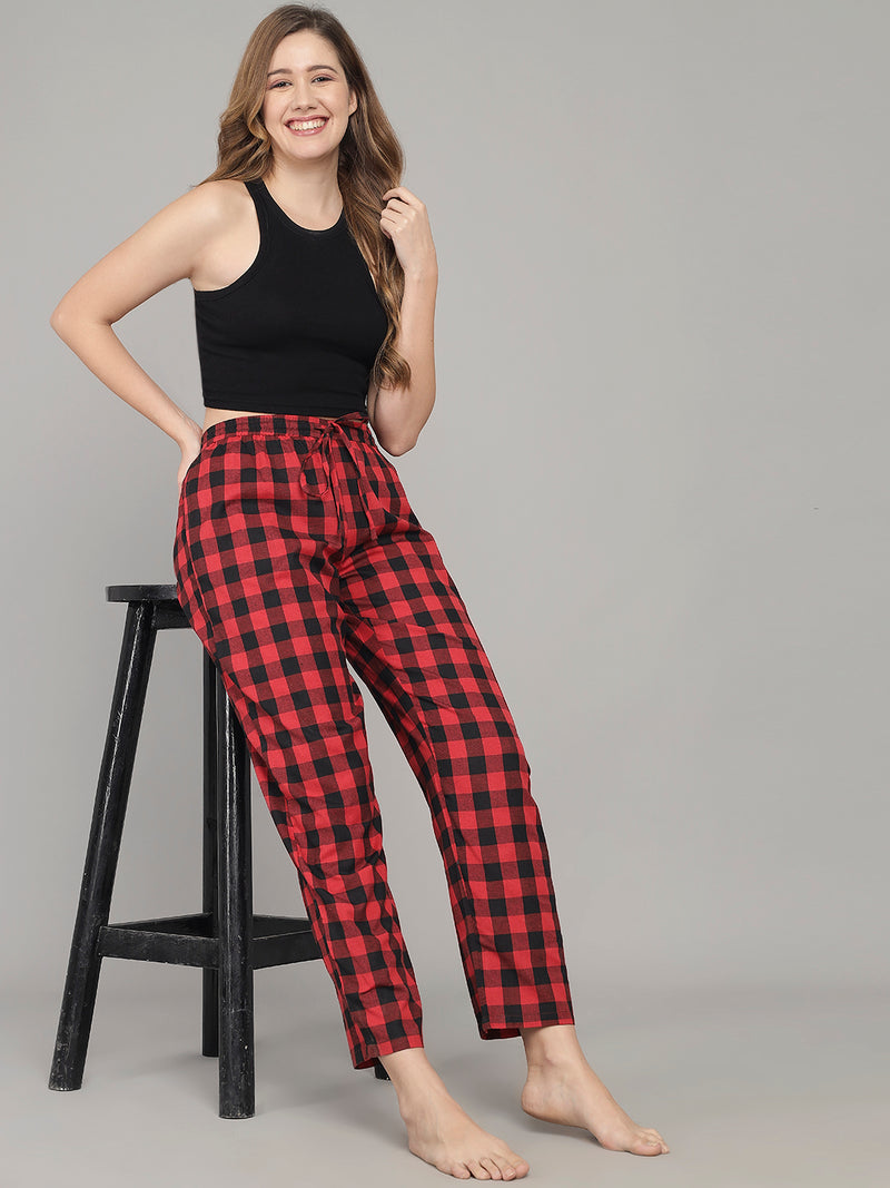 Red and Black Cotton Checks Women's Pyjama
