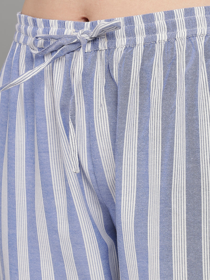 Blue and White Cotton Stripe Women's Pyjama by Shararat