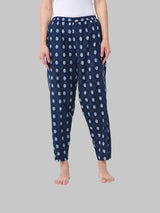 Navy Blue and White Cotton Leaf Print Women's Pyjama