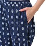 Navy Blue and White Cotton Leaf Print Women's Pyjama