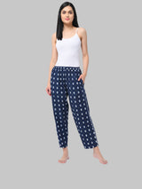 Navy Blue and White Cotton Leaf Print Women's Pyjama