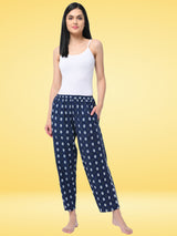 Navy Blue and White Cotton Leaf Print Women's Pyjama