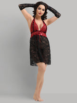 Babydoll Over All Lacy Combination Color Dress - Red & Black
