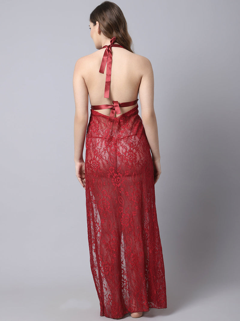 Women's Lace Long Babydoll/ Lingerie Nightwear Long Gown - Maroon