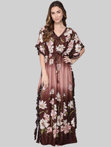 Brown Shaded Floral Print Satin Kaftan