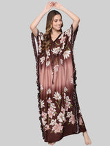 Brown Shaded Floral Print Satin Kaftan
