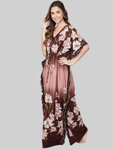 Brown Shaded Floral Print Satin Kaftan