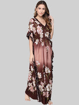 Brown Shaded Floral Print Satin Kaftan