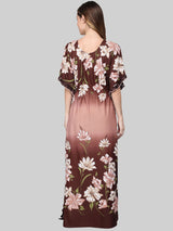 Brown Shaded Floral Print Satin Kaftan