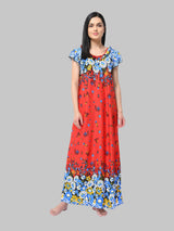 Red & Multicolor Women's Satin Floral Print Nighty