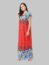 Red & Multicolor Women's Satin Floral Print Nighty