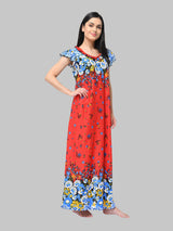 Red & Multicolor Women's Satin Floral Print Nighty