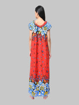 Red & Multicolor Women's Satin Floral Print Nighty