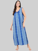 Blue Women's Cotton Sleeveless Floral Printed Nighty by Shararat