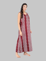 Brown & white batik print Women's Cotton Sleeveless Nighty