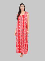 Red & White Batik Print Women's Cotton Sleeveless Nighty