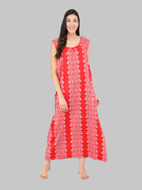 Red & White Batik Print Women's Cotton Sleeveless Nighty