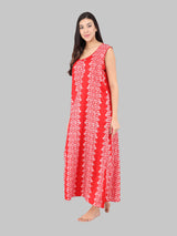 Red & White Batik Print Women's Cotton Sleeveless Nighty