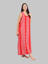 Red & White Batik Print Women's Cotton Sleeveless Nighty