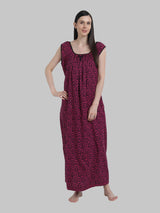 Dark Pink & Black Women's Abstract Print Sleevless Cotton Nighty