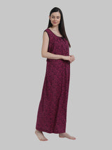 Dark Pink & Black Women's Abstract Print Sleevless Cotton Nighty