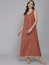 Brown Women's Feather Floral Printed Sleeveless Nighty