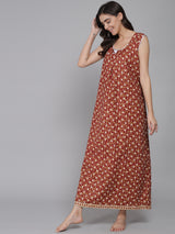 Brown Women's Feather Floral Printed Sleeveless Nighty
