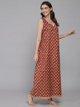 Brown Women's Feather Floral Printed Sleeveless Nighty