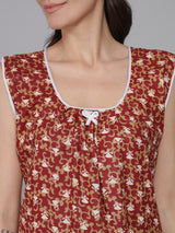 Brown Women's Feather Floral Printed Sleeveless Nighty