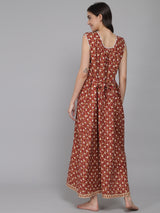 Brown Women's Feather Floral Printed Sleeveless Nighty