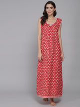 Red Women's Feather Floral Printed Sleeveless Nighty
