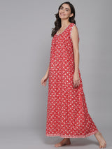 Red Women's Feather Floral Printed Sleeveless Nighty