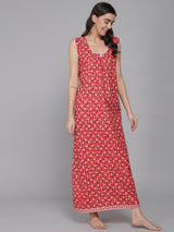Red Women's Feather Floral Printed Sleeveless Nighty