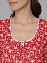 Red Women's Feather Floral Printed Sleeveless Nighty