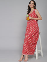 Red Women's Feather Floral Printed Sleeveless Nighty