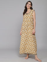 Yellow Women's Floral Printed Sleeveless Nighty