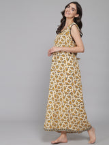 Yellow Women's Floral Printed Sleeveless Nighty