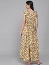 Yellow Women's Floral Printed Sleeveless Nighty