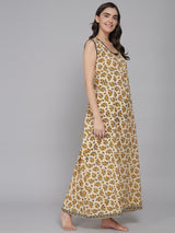 Yellow Women's Floral Printed Sleeveless Nighty