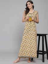 Yellow Women's Floral Printed Sleeveless Nighty