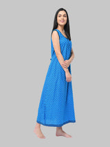 Blue Women's Floral Printed Sleeveless Cotton Nighty by Shararat