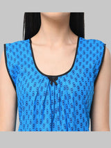 Blue Women's Floral Printed Sleeveless Cotton Nighty by Shararat