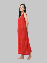 Red Women's Floral Printed Sleeveless Cotton Nighty