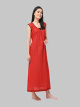 Red Women's Floral Printed Sleeveless Cotton Nighty