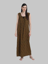 Mustard & Black Women's Abstract Print Sleevless Cotton Nighty