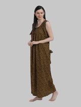 Mustard & Black Women's Abstract Print Sleevless Cotton Nighty